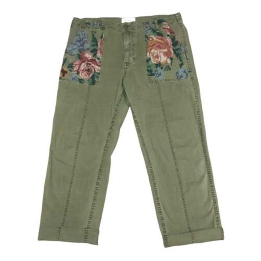 Anthropologie Relaxed Embroidered Trouser Olive Green Floral Tapestry Size 32